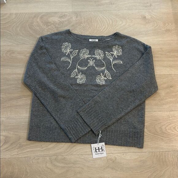 Haute Hippie Sweaters - Haute Hippie Charcoal Sweater with Cream Floral Embroidered Design, NWT, Size XL